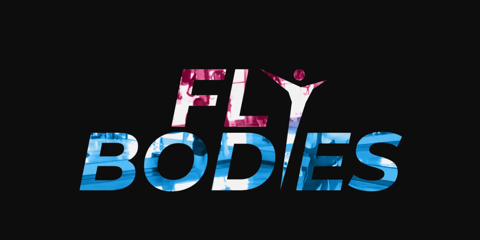 After: the redesigned Fly Bodies homepage with studio video playing inside the giant Fly Bodies logo