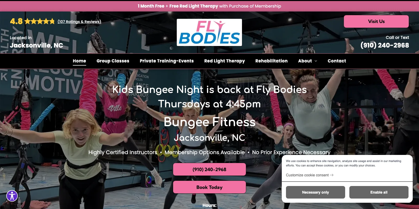 Before: the previous Fly Bodies template website with a crowded header, stacked text and a cookie banner