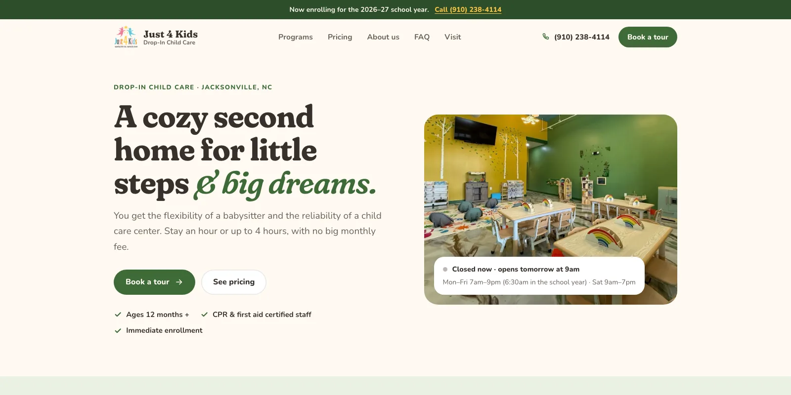 Redesigned Just 4 Kids Drop-In Child Care homepage