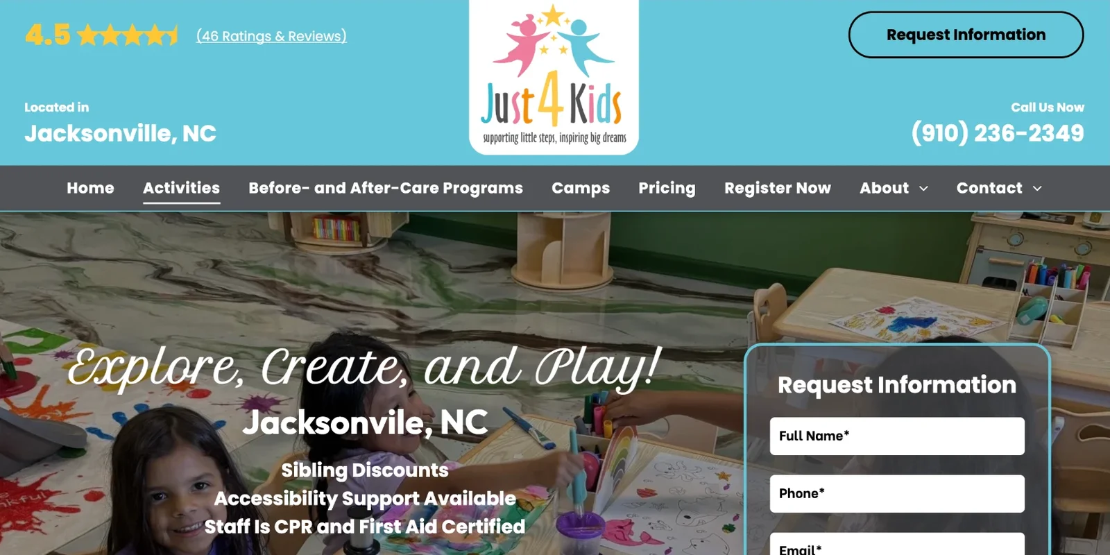 Before: the previous Just 4 Kids template website with a crowded header, a busy photo hero and an older phone number
