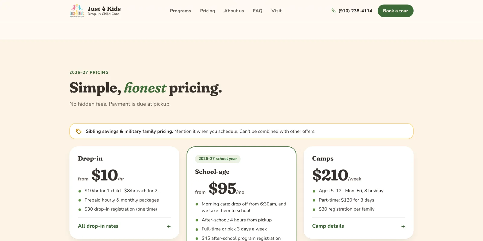 Just 4 Kids pricing section with drop-in, school-age and camp plans