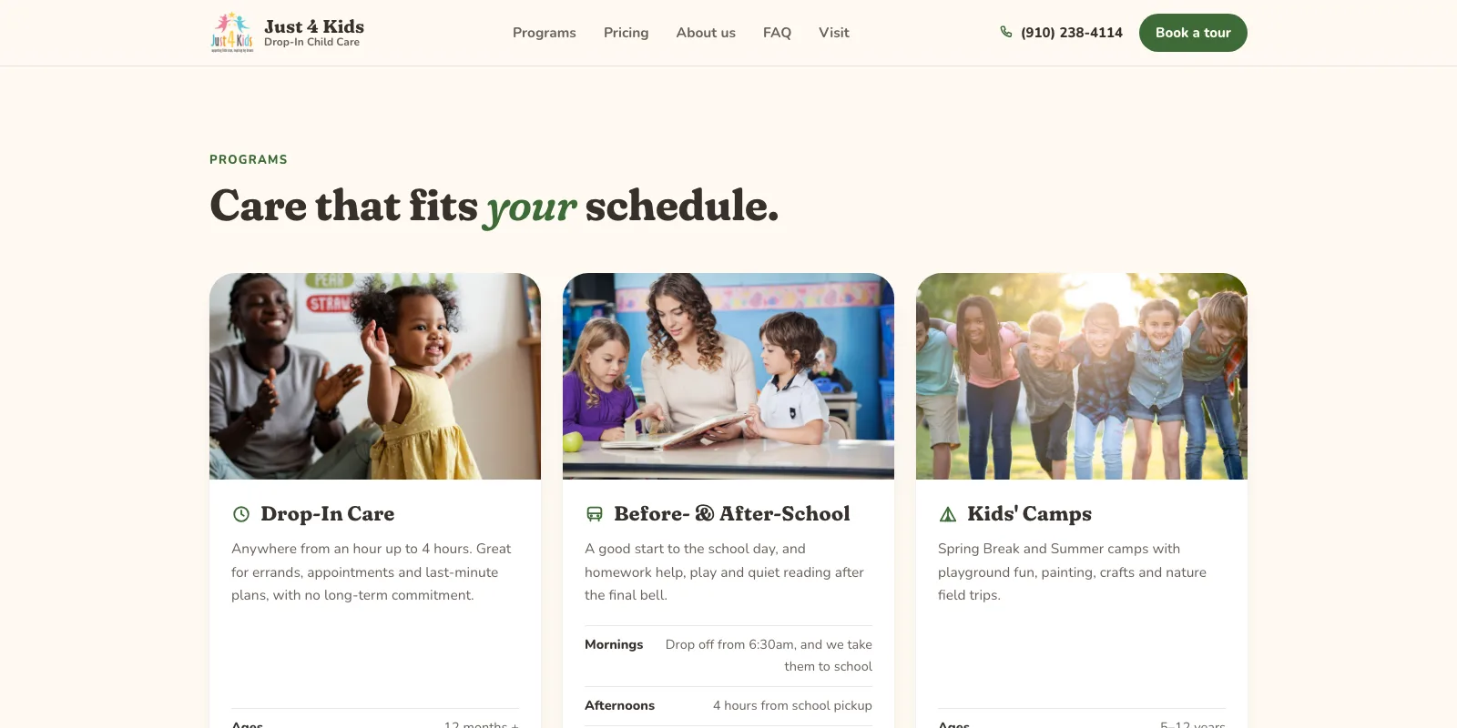 Just 4 Kids programs section with drop-in, before- and after-school and camp cards
